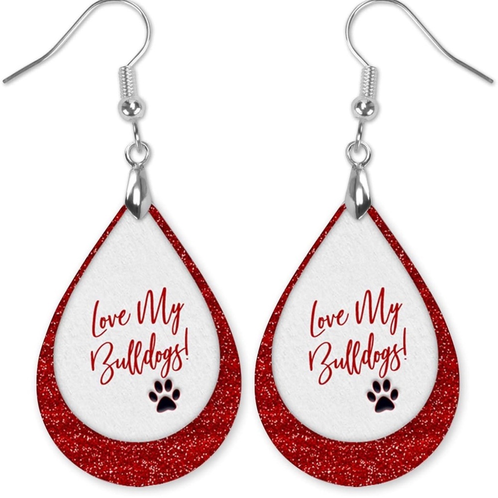 Love My Bulldogs Red and White Teardrop Earrings